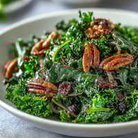 Warm kale salad with maple mustard dressing, topped with toasted pecans, dried cranberries, and crumbled feta on a rustic plate.  