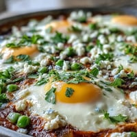 A close-up of Pea and Broad Bean Shakshuka in a skillet, with runny egg yolks nestled among bright green peas and tender asparagus.  