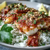 A vibrant plate of Tomato-Roasted Cod with Spiced Almonds, flaky fish in a rich red sauce over aromatic ginger rice.