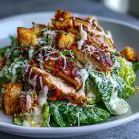 A fresh Romaine Caesar Bowl topped with grilled chicken, golden croutons, and shaved Parmesan on a marble table.
