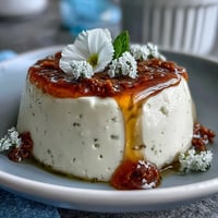 Creamy honey lavender panna cotta with edible flowers, a delicate floral Italian dessert.  