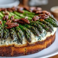 Golden spring asparagus tart with puff pastry, fresh asparagus spears atop creamy cheese and herbs, perfect for brunch or a light dinner.