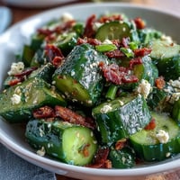 A vibrant smashed cucumber salad drizzled with spicy garlic chili oil and sesame seeds.