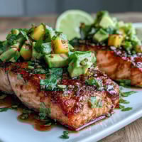 Baked salmon with mango avocado salsa, a colorful dish with juicy tropical fruit and creamy avocado.  