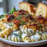 Creamy baked mac and cheese with golden crunchy topping, rich cheddar and Gruyère sauce coating tender elbow macaroni.