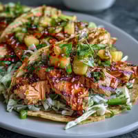 Fresh grilled salmon tacos with vibrant mango salsa and shredded cabbage on warm tortillas.  
