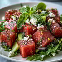 Vibrant watermelon and arugula salad with creamy feta, fresh mint, and a tangy lime dressing for a refreshing summer meal.