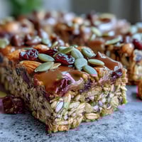 Nut-free granola bars with honey and oats in a glass jar on a wooden table, surrounded by dried fruits and seeds, perfect for healthy snacking.