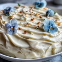 Elegant lemon cake with cream cheese frosting and edible flowers for a baby shower celebration.